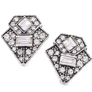 ART DECO SILVER Clear Crystal Stud Earrings
